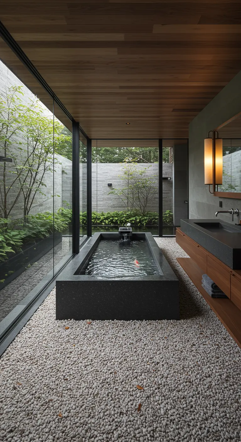A rectangular granite tub in a bathroom with a glass wall overlooking a modern garden.