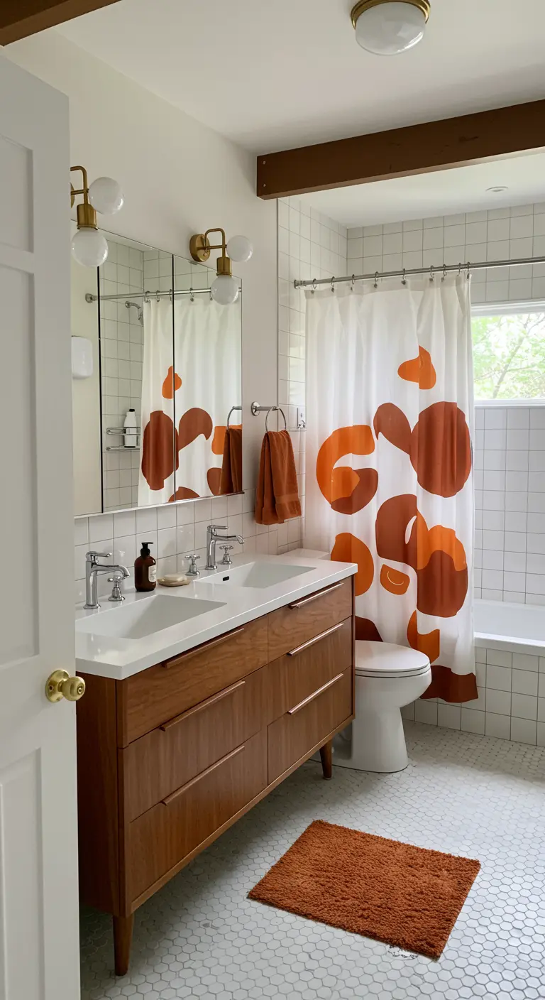 Mid-century modern bathroom with a walnut double vanity and a graphic shower curtain.