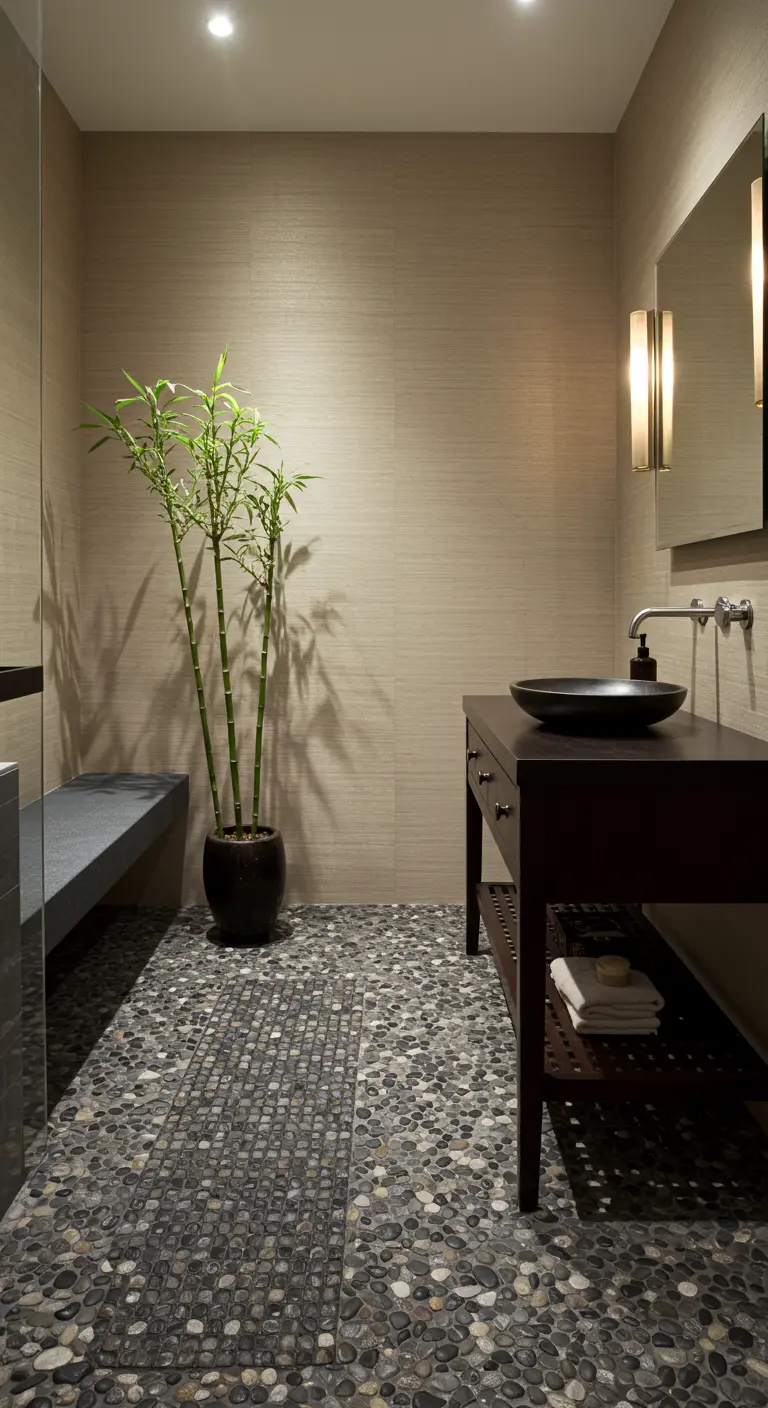 Zen bathroom with a pebble tile floor, bamboo plant, and a dark wood console vanity.