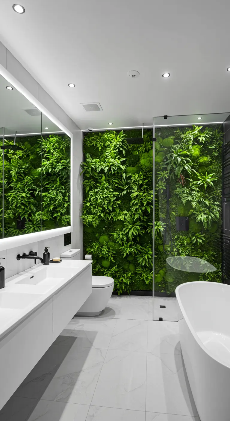 A modern white bathroom with a full living wall of green plants behind the shower and toilet.