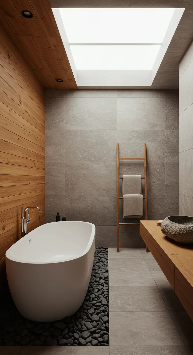 A Japandi bathroom with a wood accent wall, stone tiles, and river pebbles around the tub.