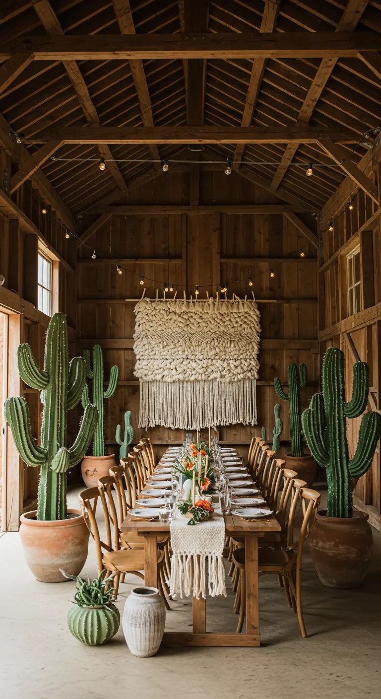 A long dining table in a rustic barn, flanked by large potted cacti and a woven wall hanging.