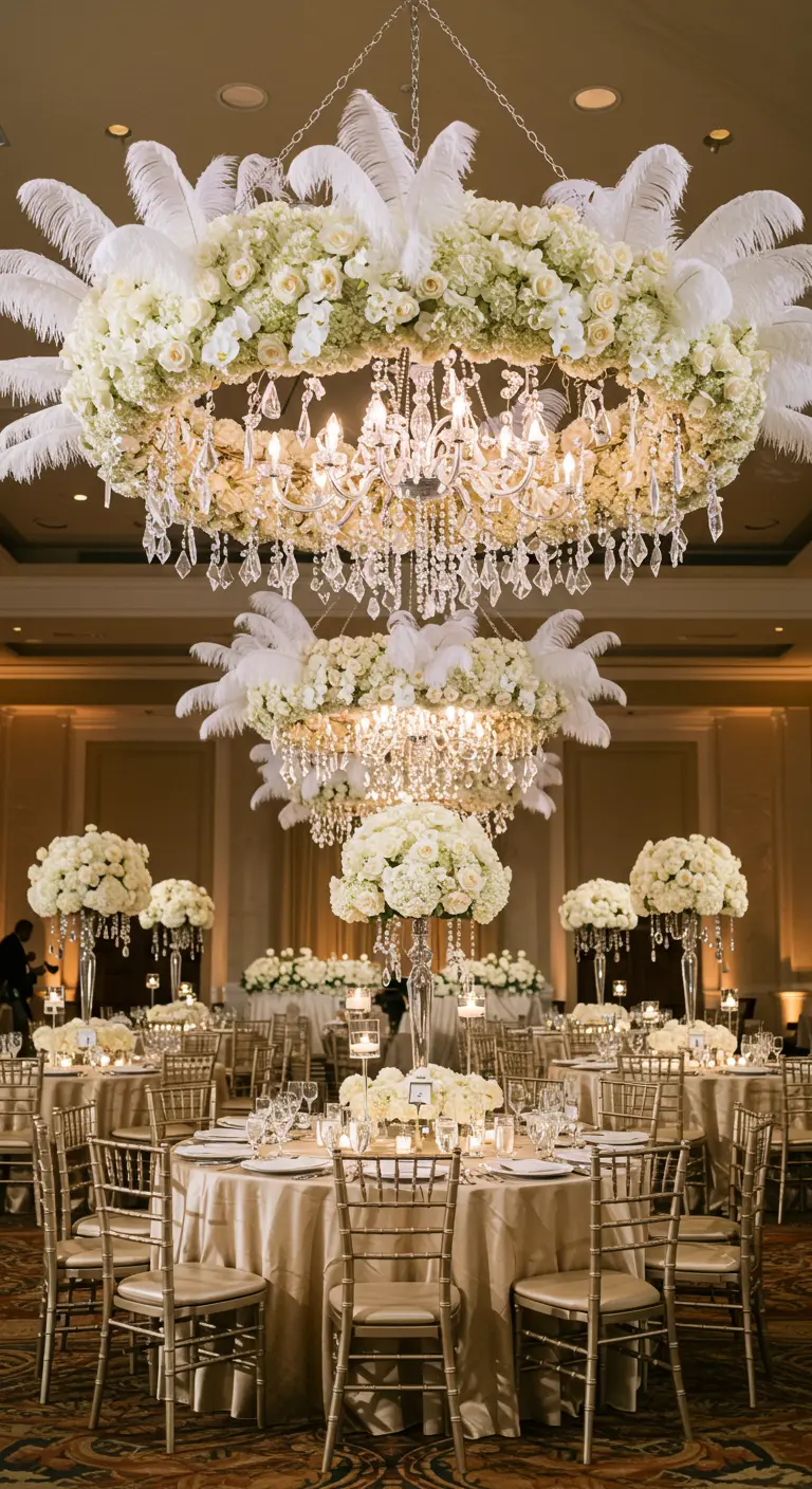 Grand tiered chandeliers decorated with white flowers, crystals, and large white feathers.