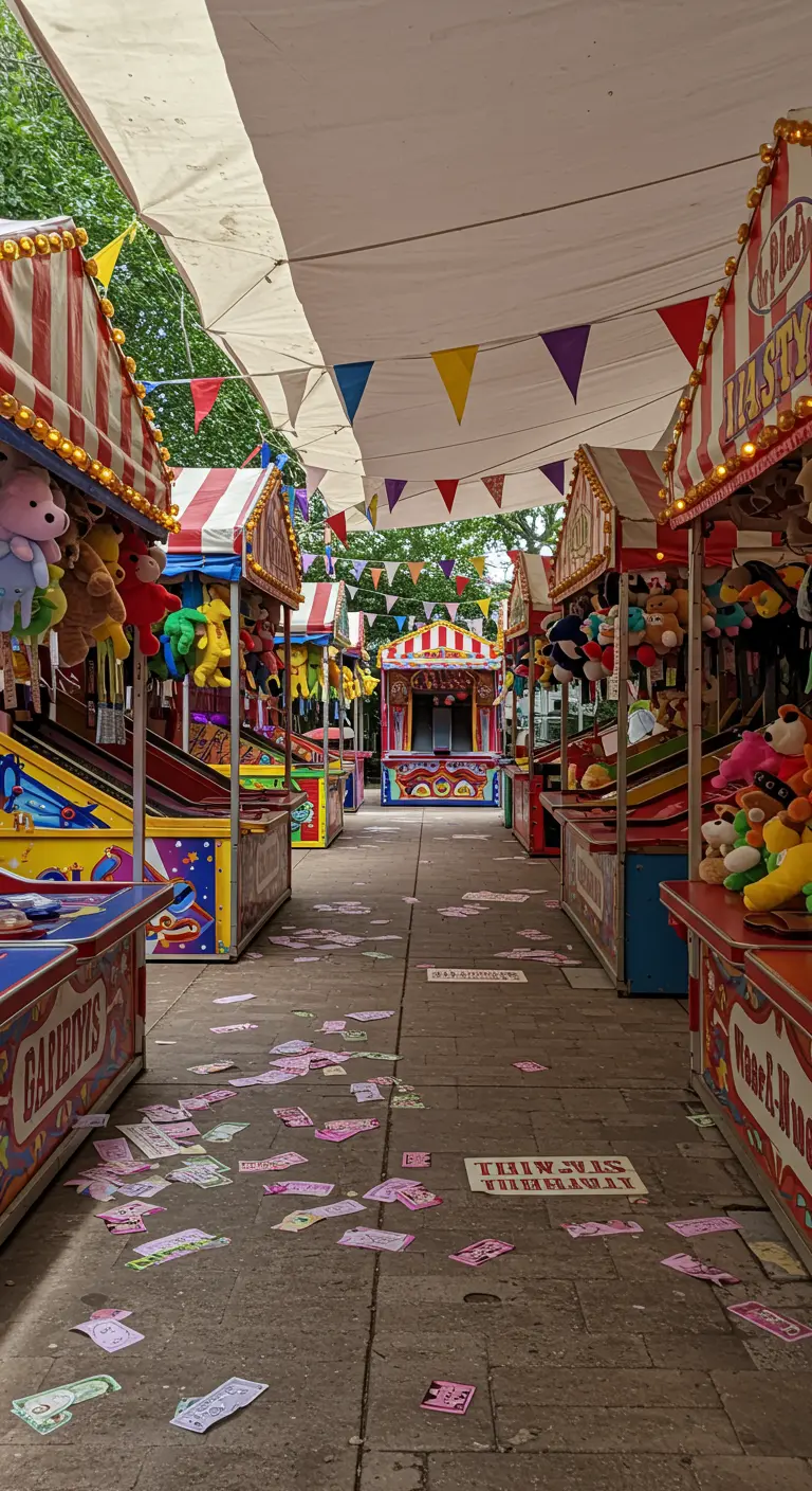 An alley of carnival game booths with striped awnings and plush toy prizes.