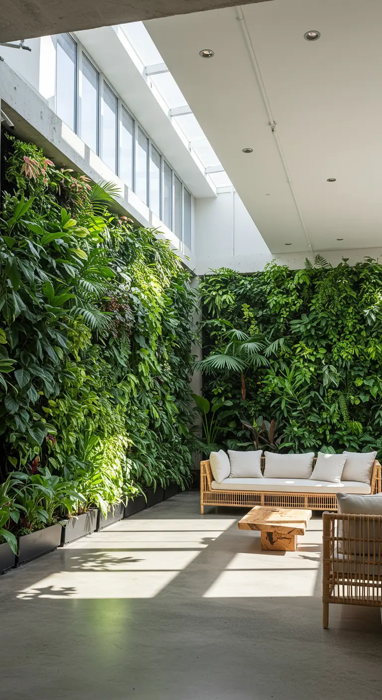 A loft space with a massive living wall of lush green plants next to a rattan sofa.