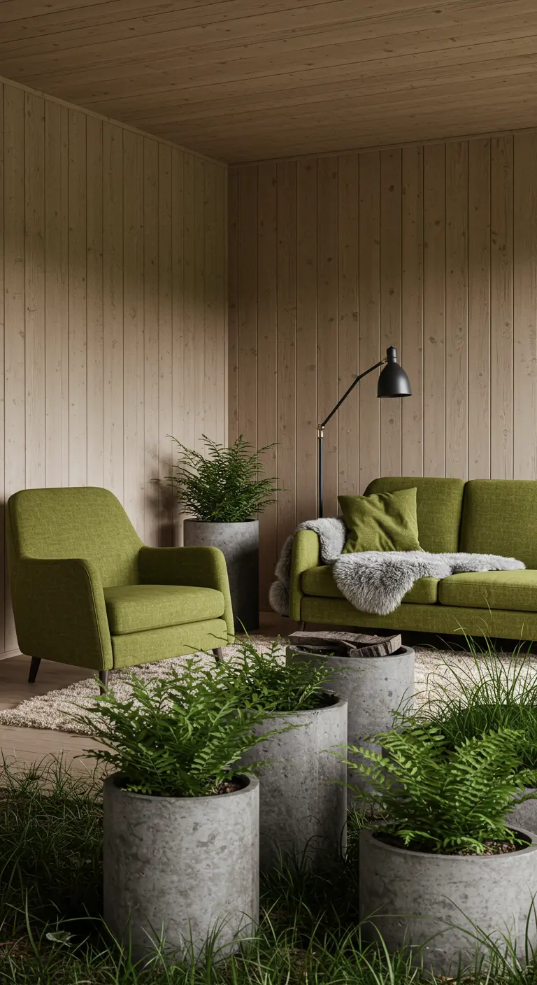 Green seating in a wood-paneled room filled with ferns in concrete planters.