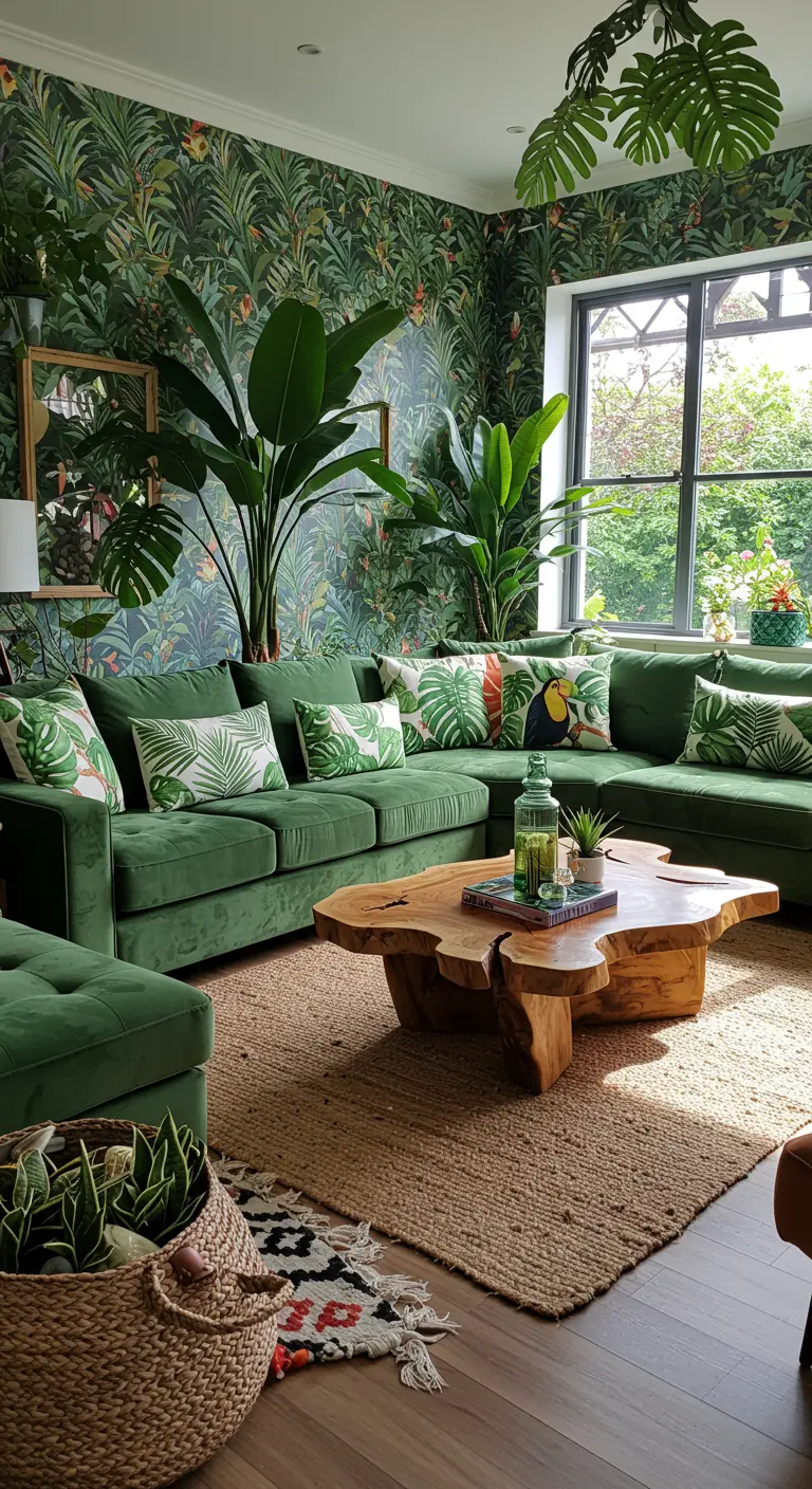 Green sectional surrounded by large plants and set against tropical leaf wallpaper.