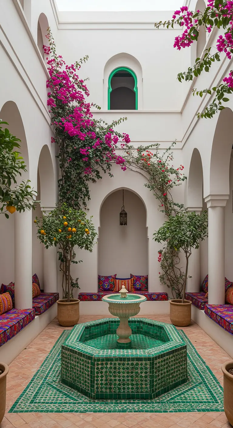 Moroccan riad courtyard with a central green tiled fountain, built-in seating, and bougainvillea.