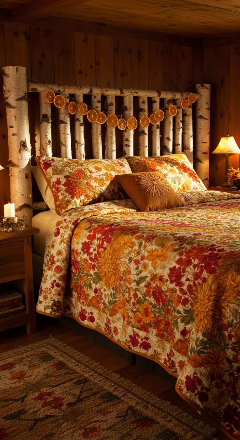 Rustic bed with a headboard made of vertical birch logs and an autumn quilt.