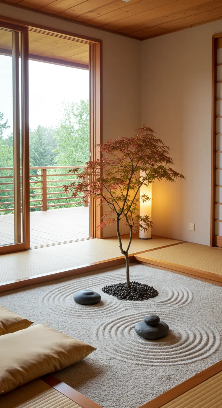 An indoor Zen garden with raked sand, smooth stones, and a maple tree.