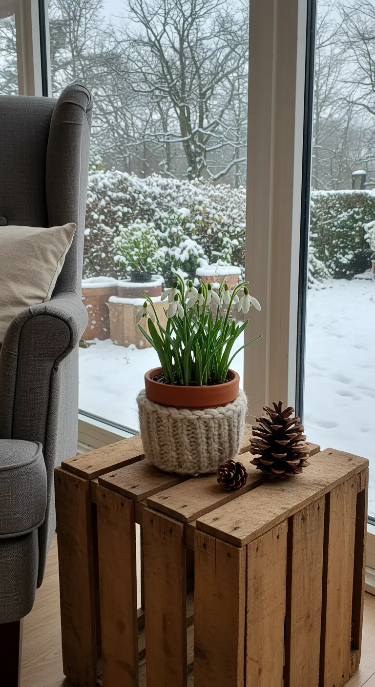 A wooden crate acts as a side table next to a chair, holding a pot of snowdrops in a knit cozy.