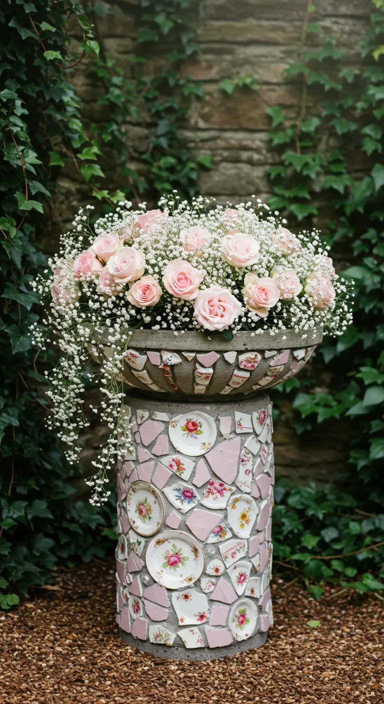 A garden urn on a pedestal, decorated with a mosaic of broken floral china plates.