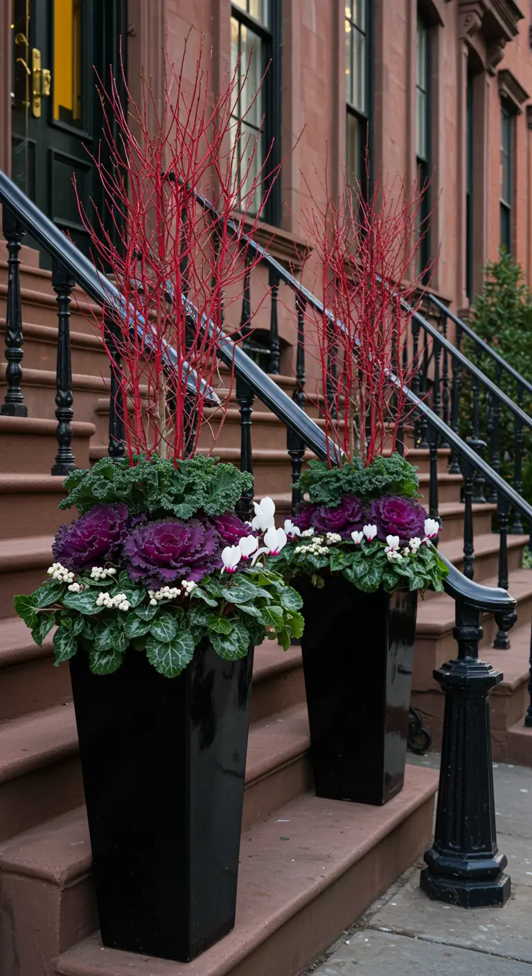 Tall, glossy black planters with purple kale and red dogwood on brownstone steps.