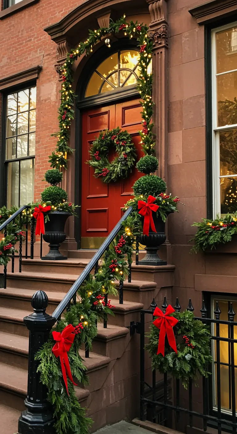 Elegant brownstone entrance with lush garlands, red bows, and topiaries in urns.