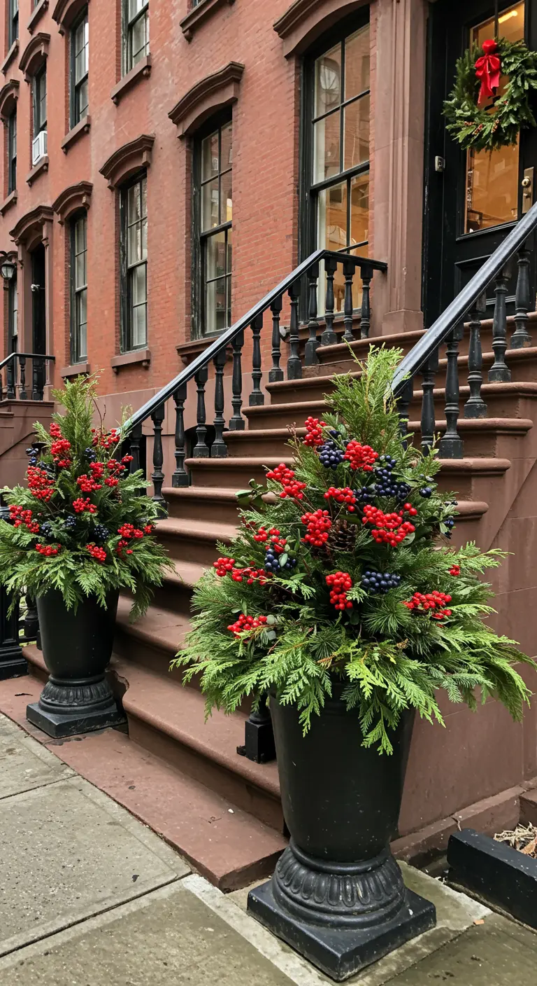 Two black urns on brownstone steps, filled with evergreens and red and blue berries.