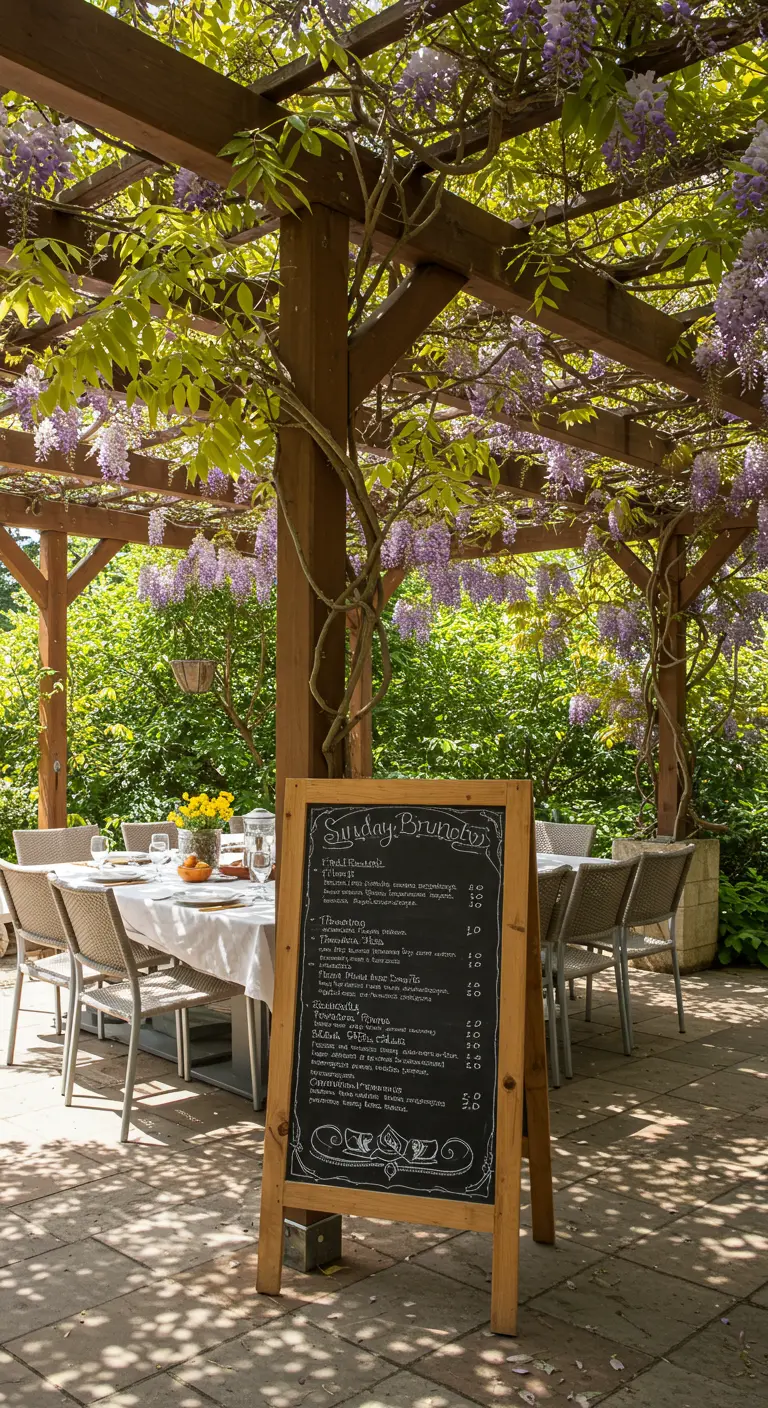 A Sunday brunch menu on a chalkboard easel under a purple wisteria pergola.