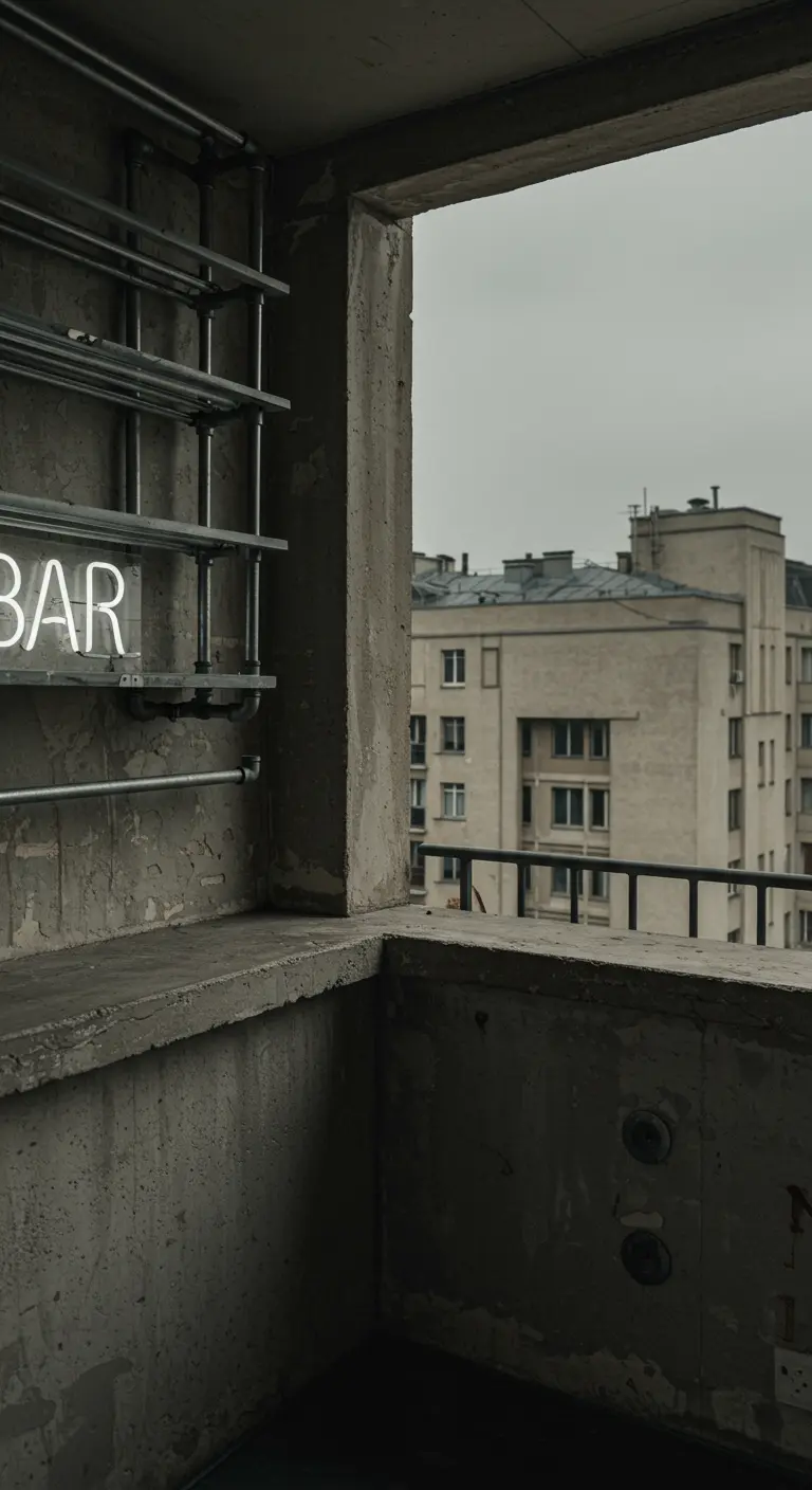 A raw, unfinished concrete balcony bar with metal shelving and a white 'BAR' sign.