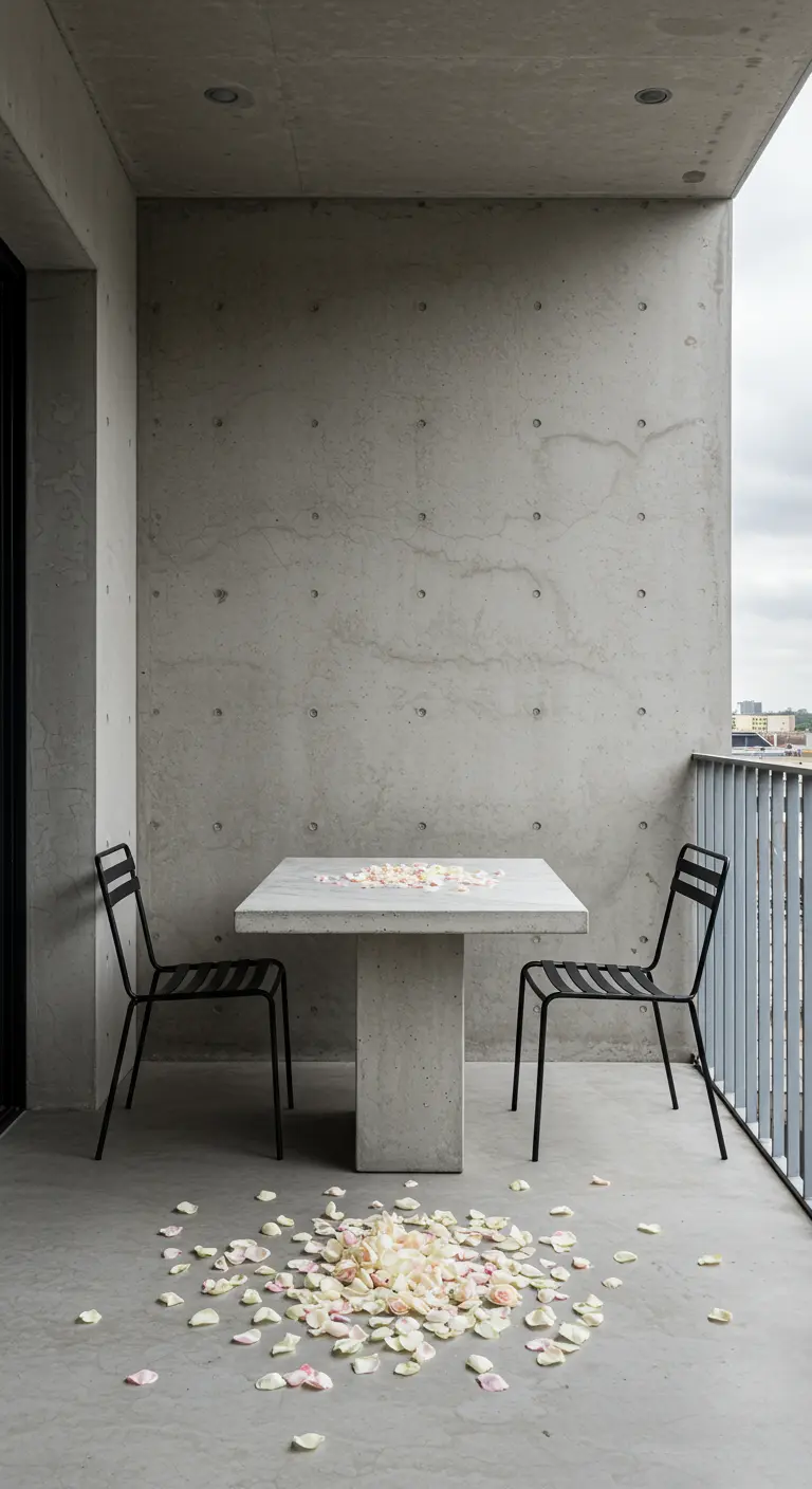 A blocky marble and concrete table on a raw concrete balcony with a pile of petals on the floor.