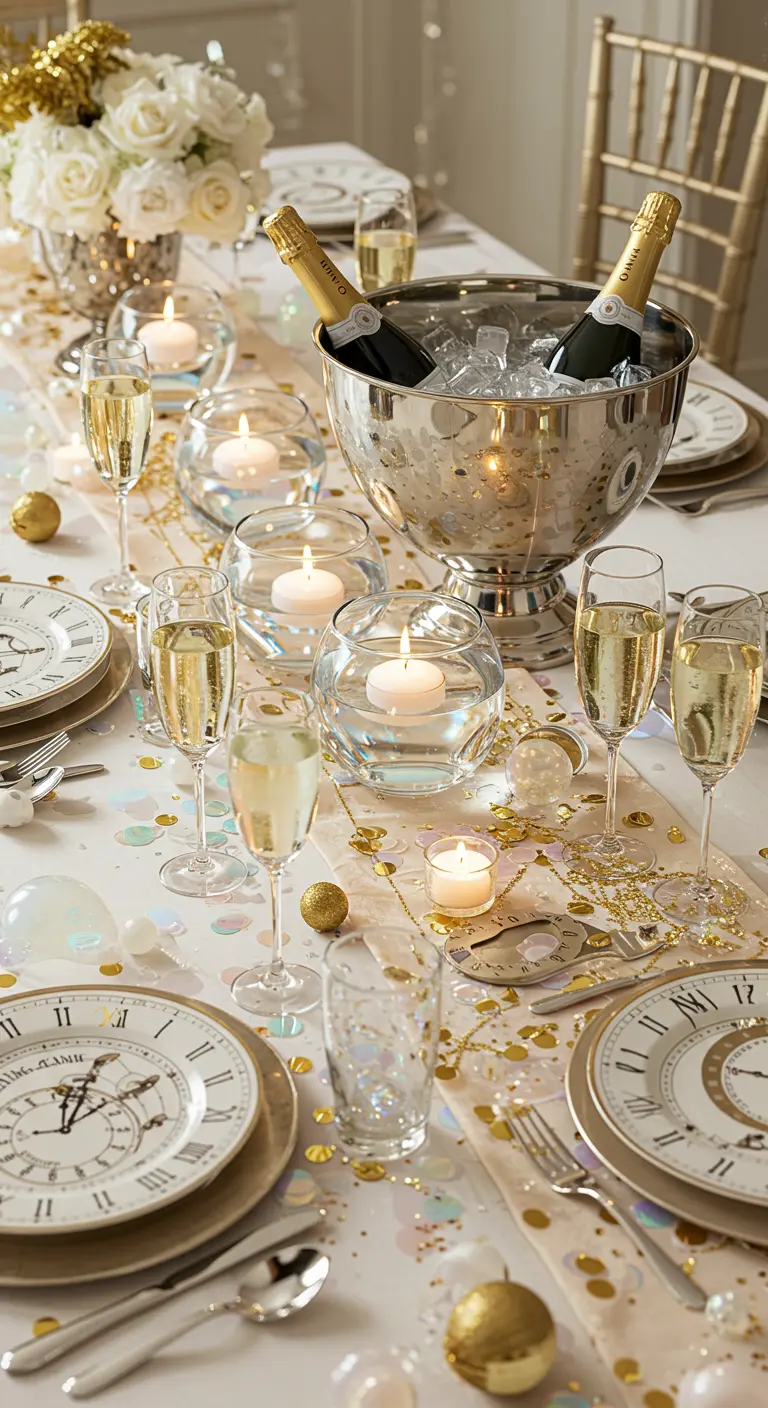 Elegant NYE table with a champagne bucket centerpiece, floating candles, and clock plates.
