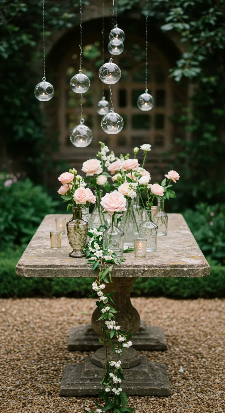 Stone garden table with blush roses in glass bottles and hanging glass orbs with candles above.