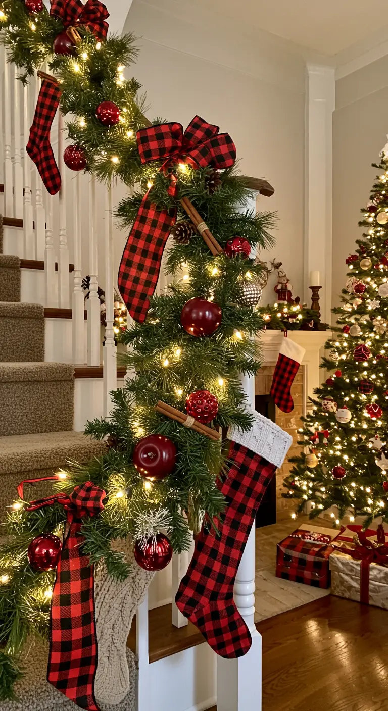 Staircase with green garland, buffalo plaid bows, red ornaments, and stockings.