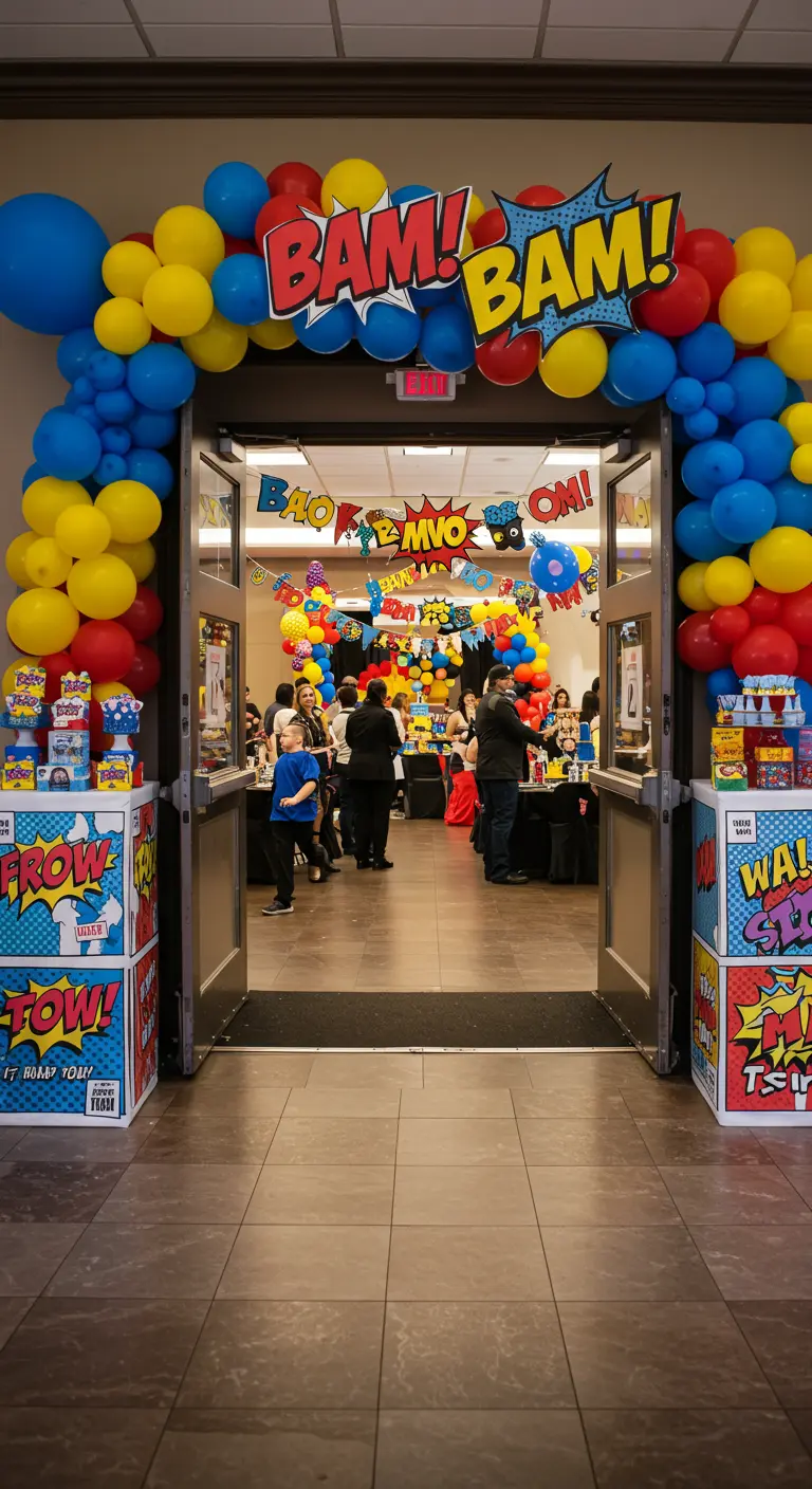 Party entrance framed by stacks of colorful comic-themed boxes.