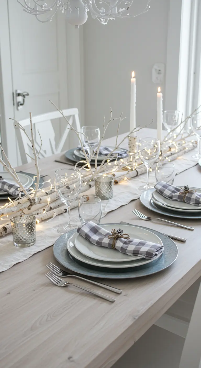 Winter table decorated with birch logs, fairy lights, and grey check napkins.