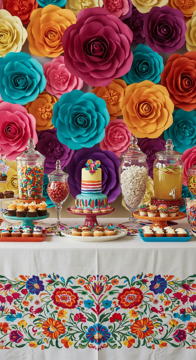 A dessert table with a stunning paper flower wall backdrop, an embroidered tablecloth, and jars of candy.