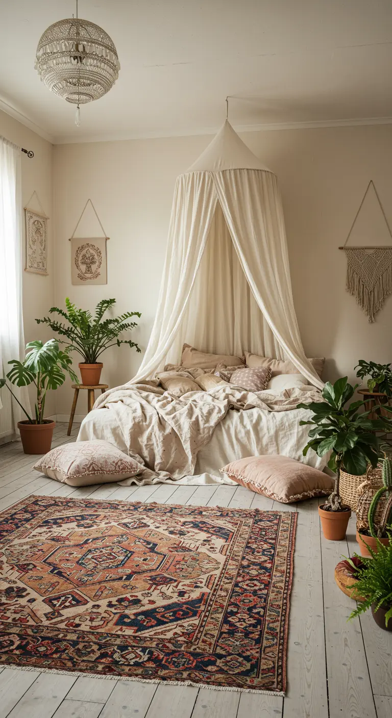 Bohemian bedroom with a fabric canopy, numerous plants, and a large patterned rug.