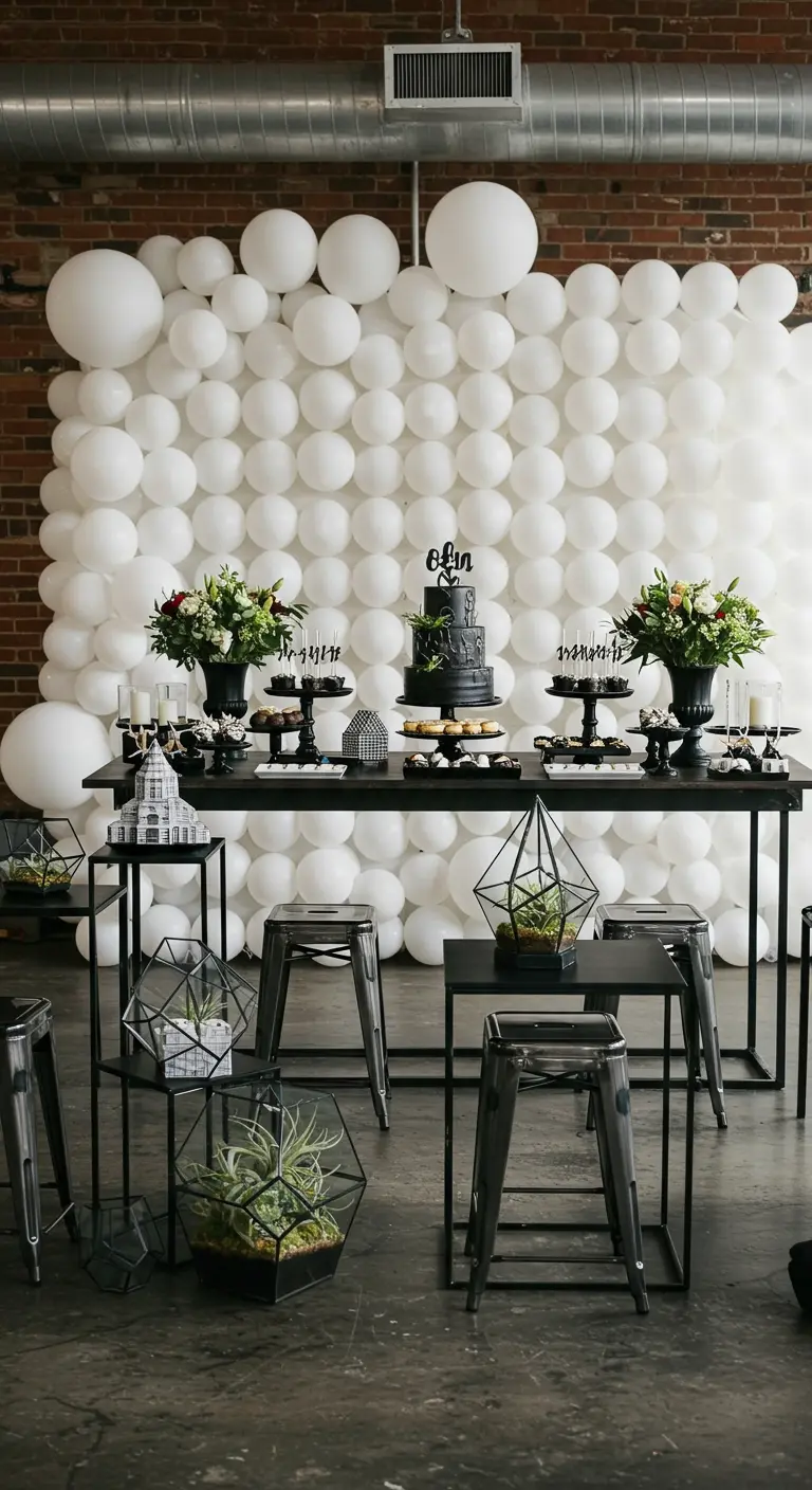 A full wall of white balloons behind a black dessert table in an industrial space.
