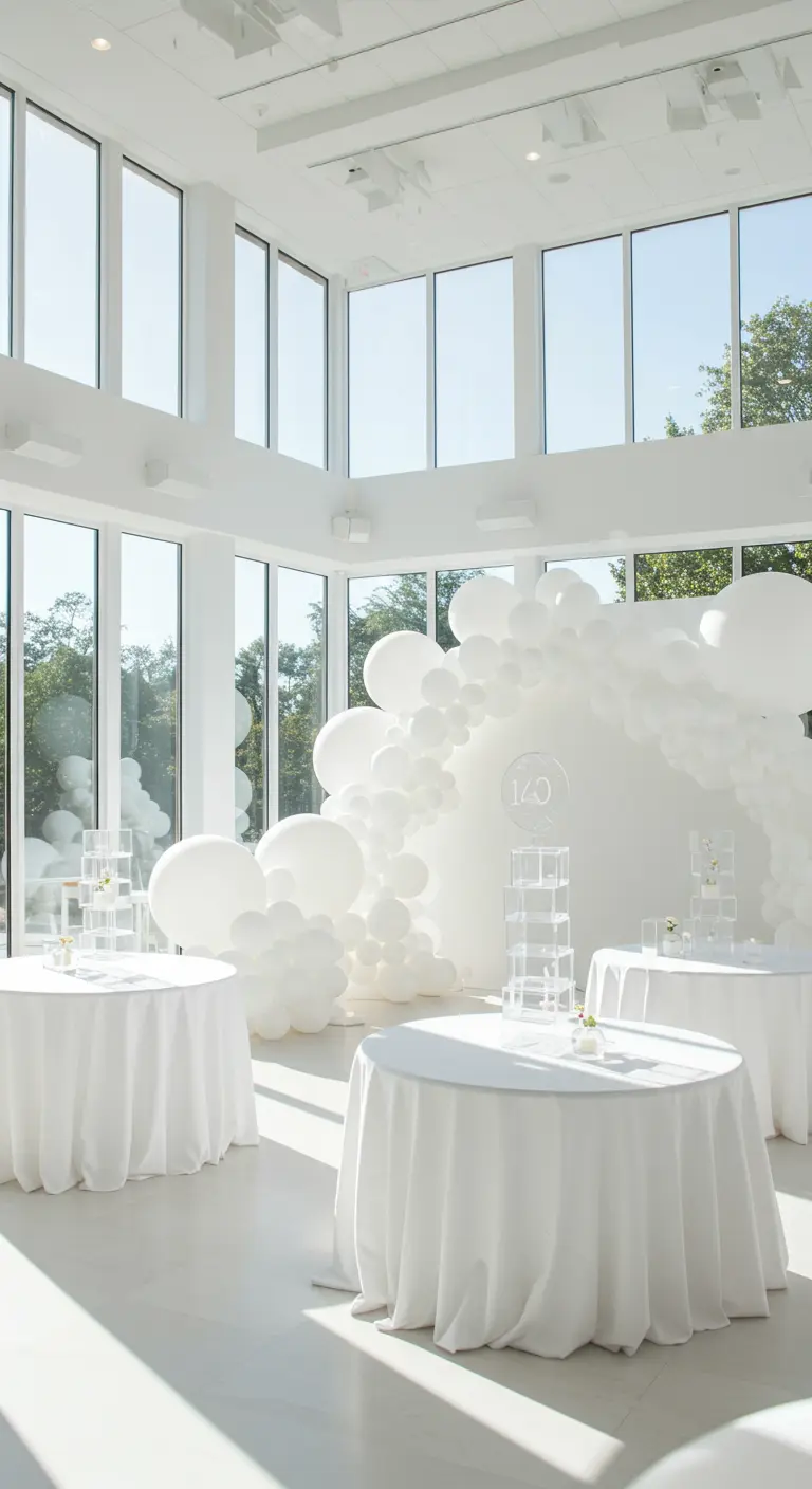 An all-white event space with a sweeping white balloon arch over crisp white tables.