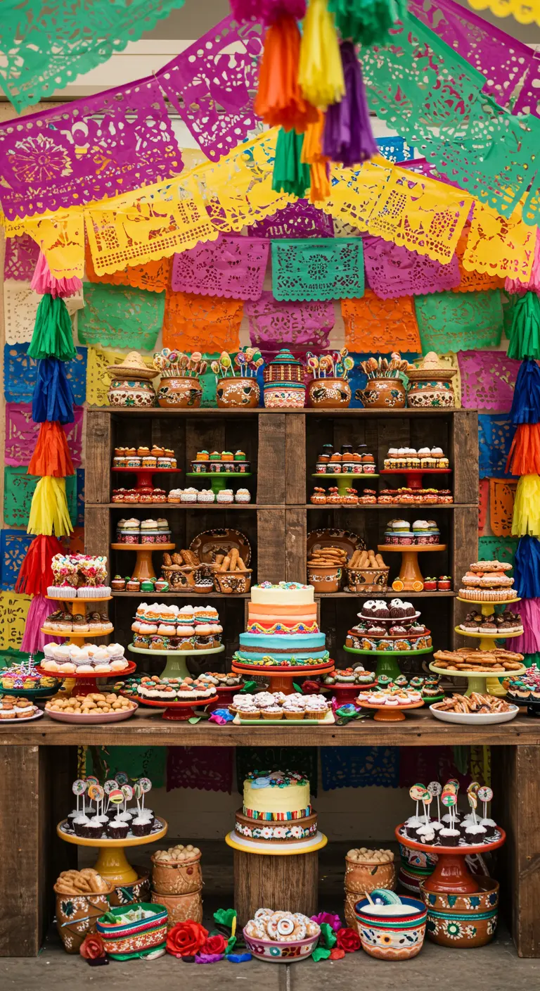 A massive dessert buffet backed by a wall completely covered in colorful papel picado banners.