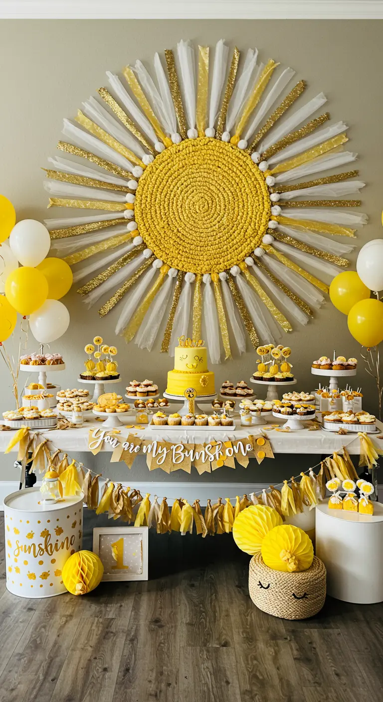 A dessert table with a large sun backdrop made of yellow rope and tulle.