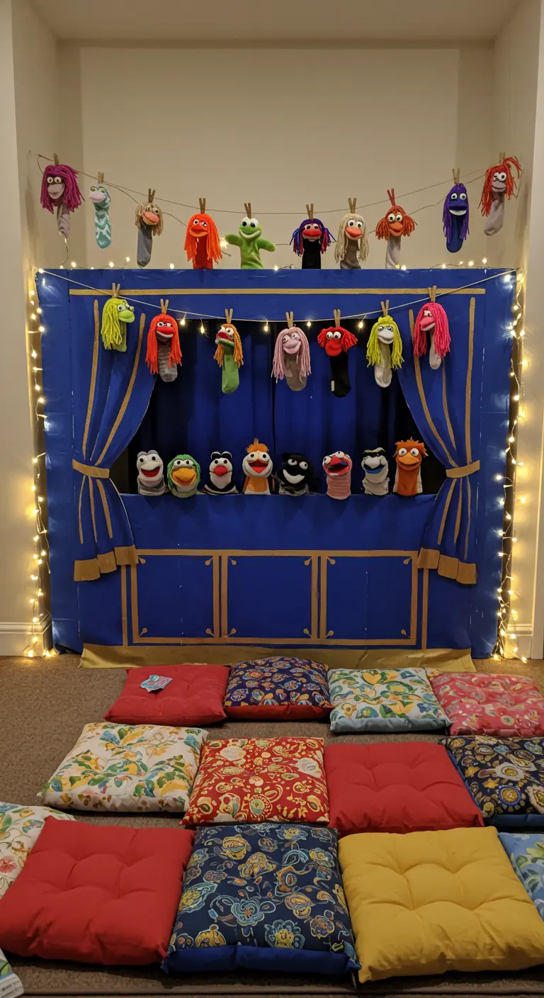 Blue DIY cardboard puppet theater decorated with fairy lights and sock puppets.