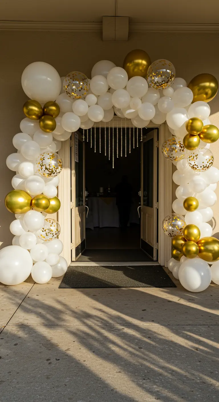 A grand balloon arch made of white, gold, and confetti balloons framing a doorway.