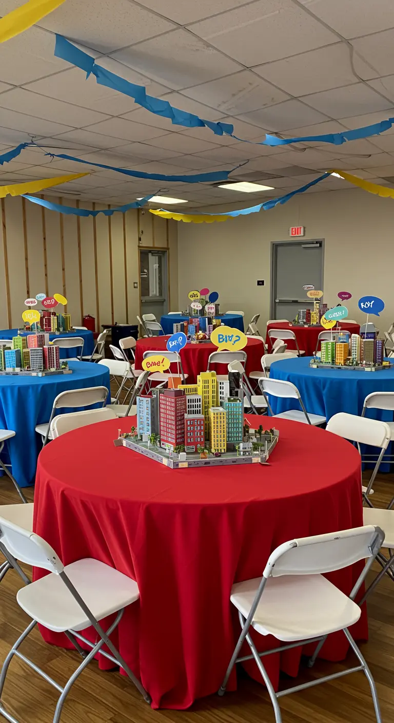 Party tables with colorful city block centerpieces and mini speech bubbles.