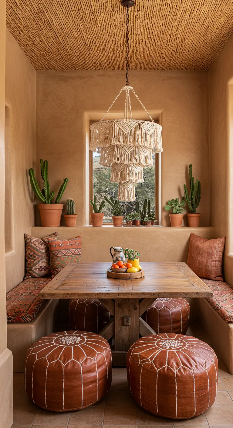 Earthen-textured breakfast nook with built-in benches, leather poufs, and a tiered macrame chandelier.