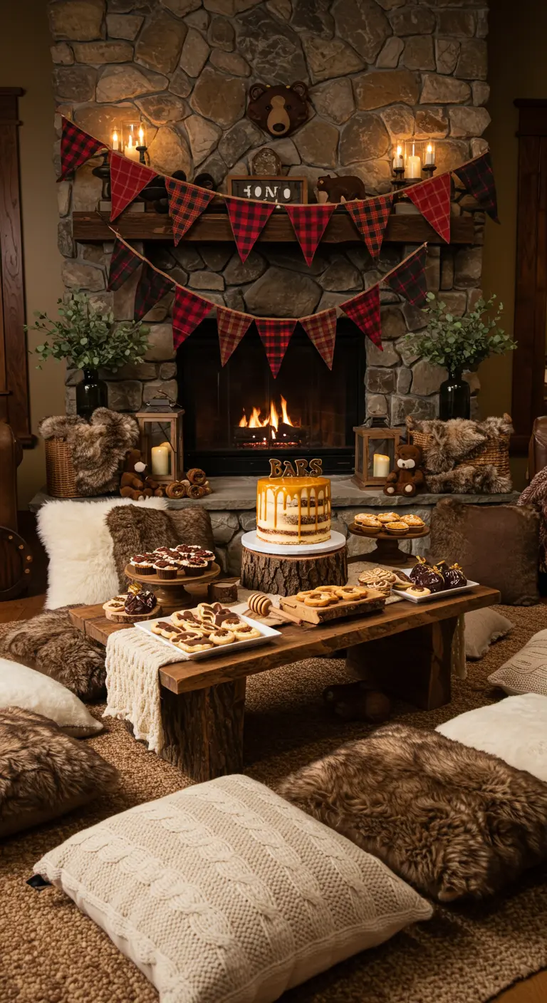 Cozy woodland party scene with a fireplace, plaid banner, and faux fur pillows.