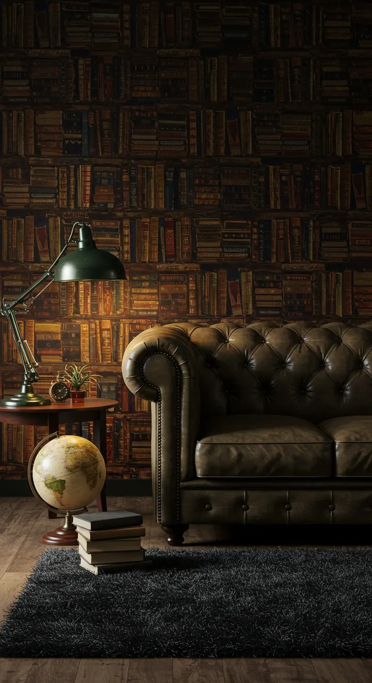 A classic living room featuring a vintage bookshelf wallpaper behind a brown leather Chesterfield sofa.