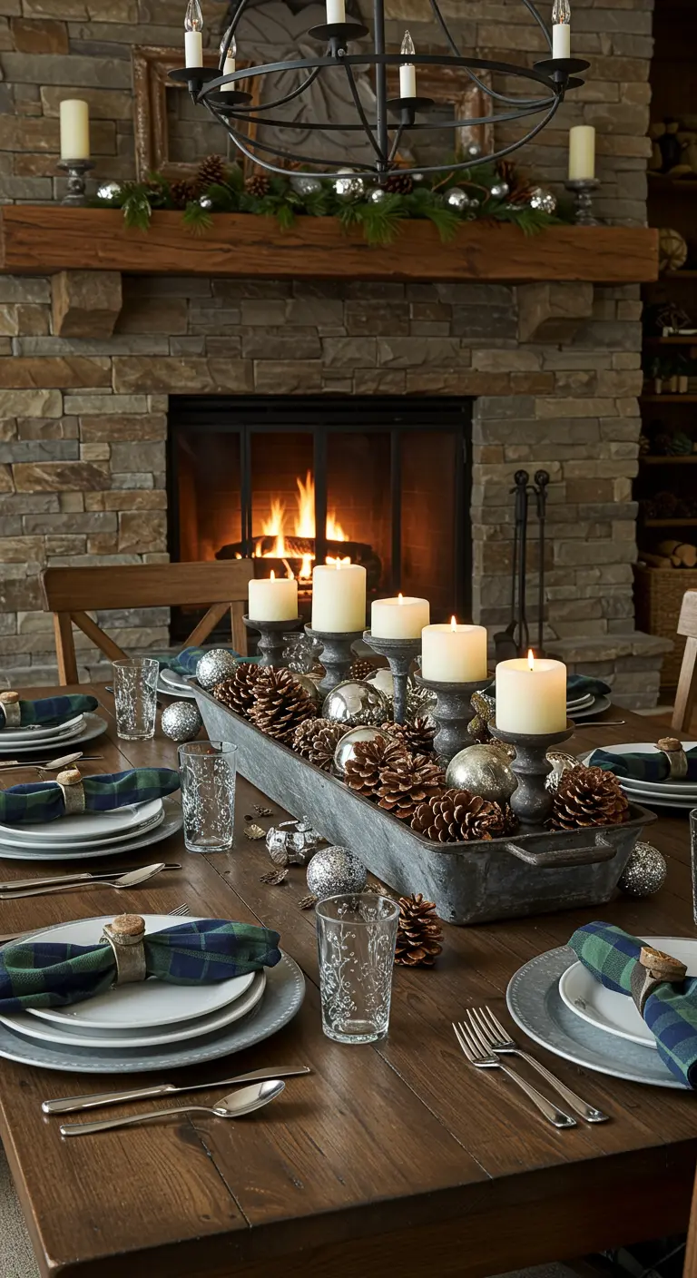 Rustic table with a wood trough centerpiece filled with candles and pinecones.