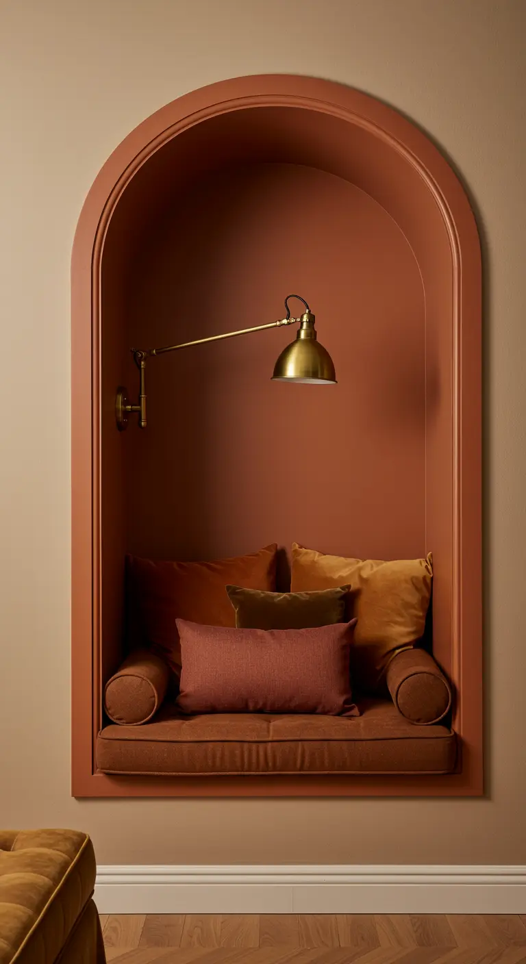 A deep, terracotta-colored arched reading nook with a built-in seat, plush pillows, and a brass lamp.