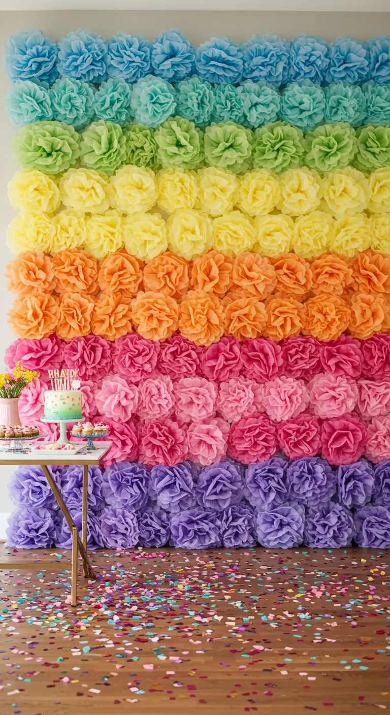 A floor-to-ceiling wall covered in rows of rainbow-colored tissue paper pom-poms.