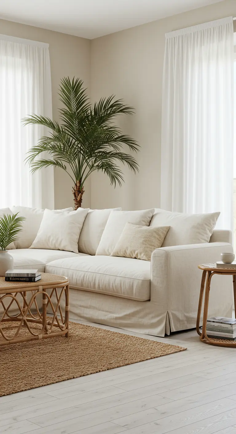 Living room with a cream slipcover sofa, sheer curtains, a rattan coffee table, and a palm tree.