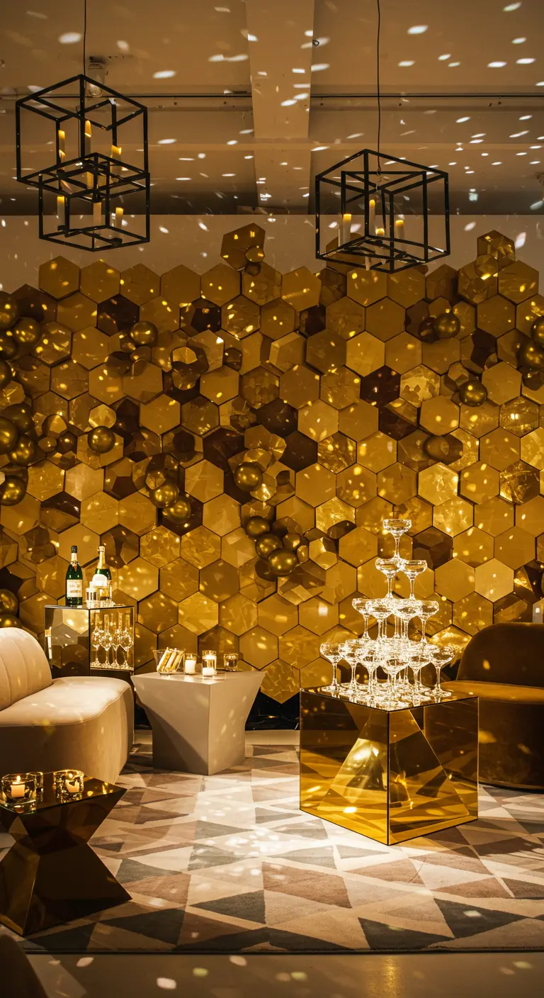 A feature wall covered in gold honeycomb shapes behind a chic lounge area.