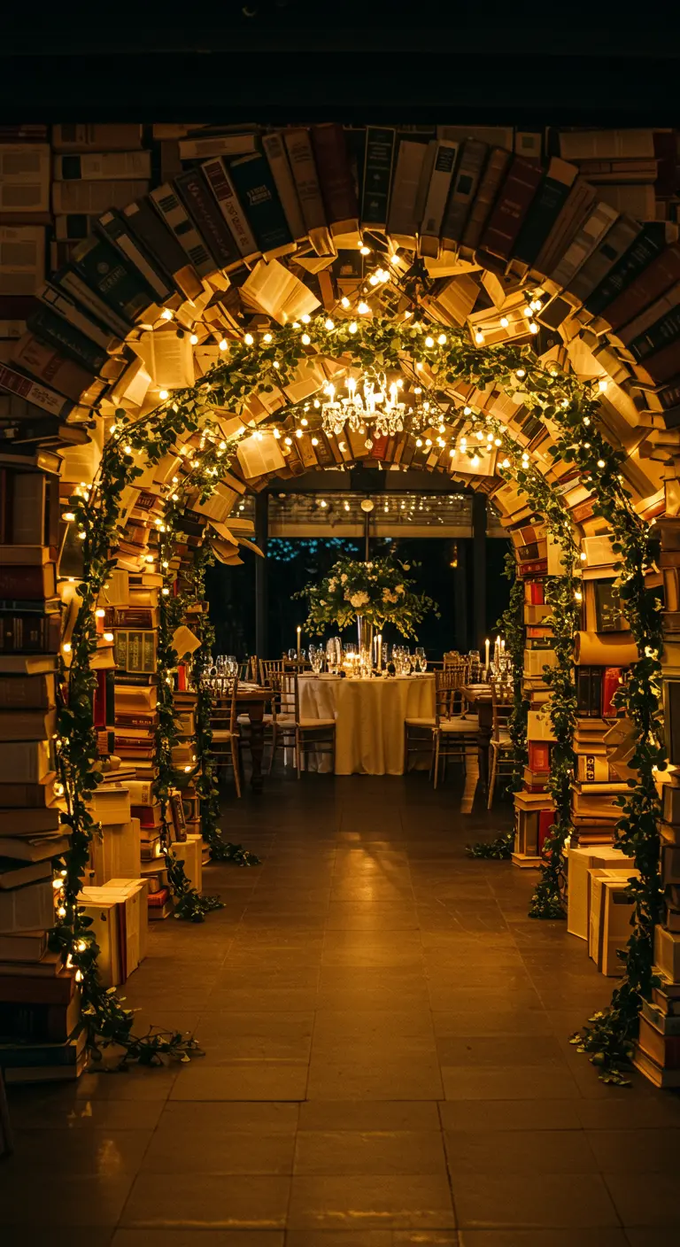 A stunning archway made of stacked and open books, intertwined with ivy and fairy lights.