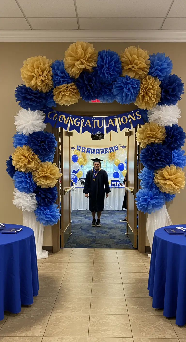 A doorway arch made of blue, gold, and white pom-poms for a graduation party.