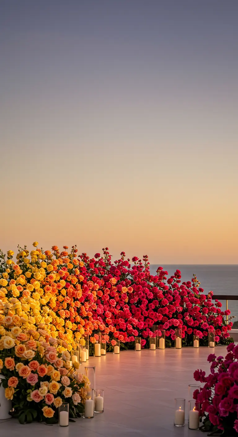 A massive wall of ombré roses transitioning from yellow to pink at sunset.