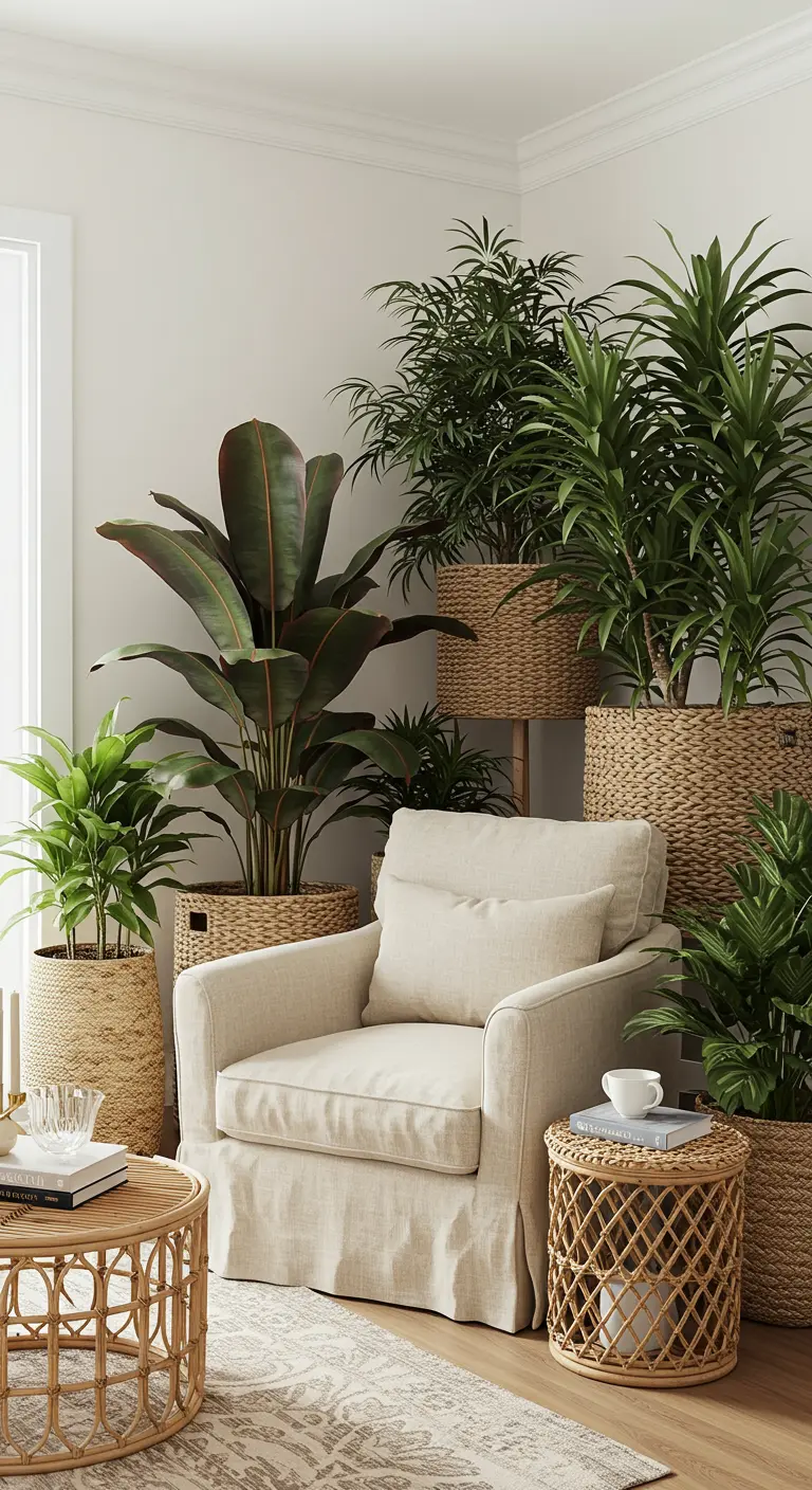 A cozy armchair tucked into a corner surrounded by a dense cluster of potted plants in wicker baskets.