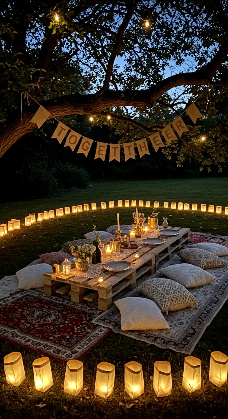 An evening picnic with a pallet table, surrounded by a circle of glowing paper bag lanterns.