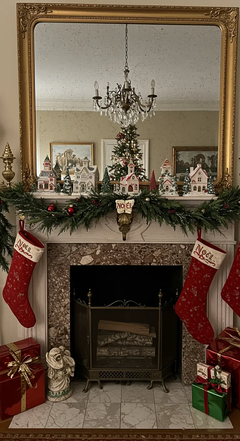 A fireplace mantel decorated with a lush garland and a miniature ceramic Christmas village.